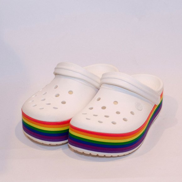 white rainbow platform crocs